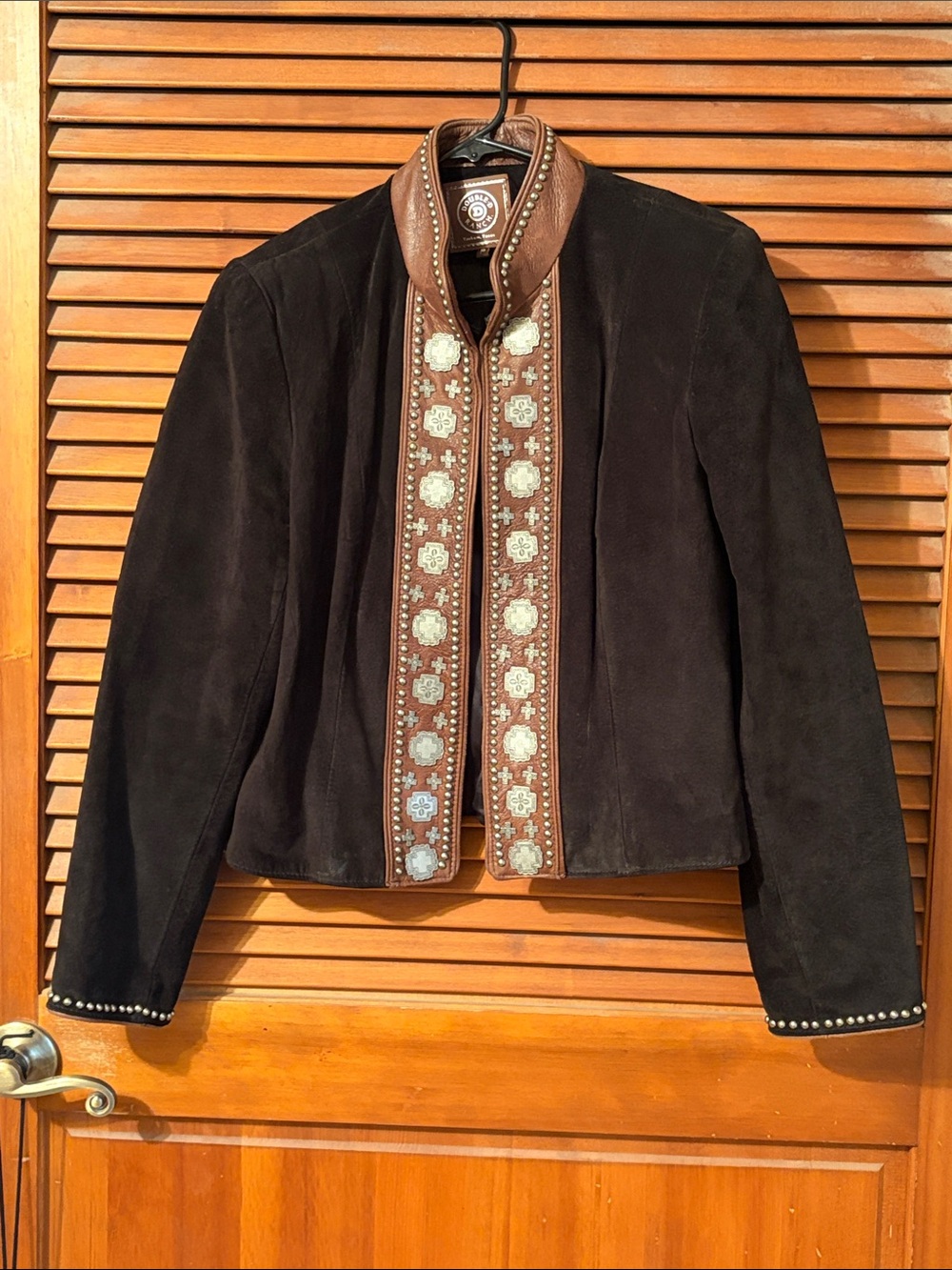 Double D Ranch Black Suede Jacket with Brown Embellished Trim